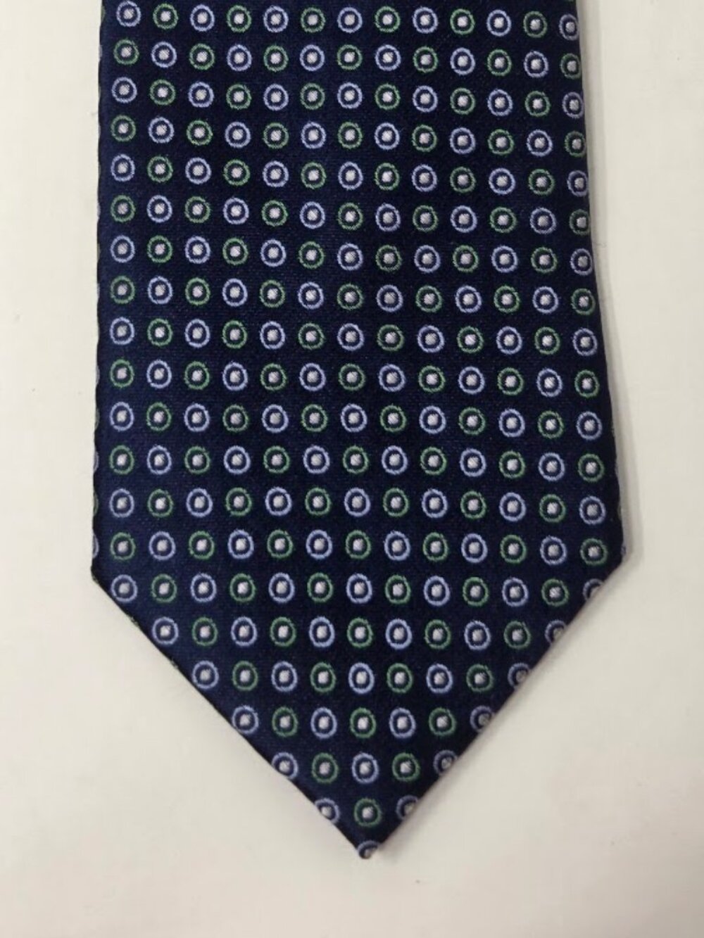 100% Silk Stafford Collection Necktie Navy Blue Green Circle Pattern 58 Inch